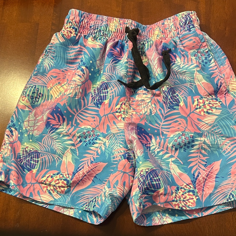 Amazon Kids Swim Trunks - Pink and Blue Tropical Print
